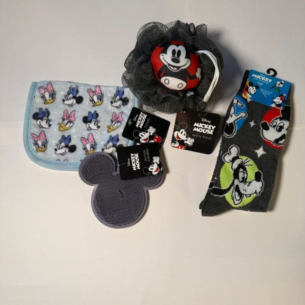 Disney Mickey Mouse 4pc Bath Set Towel Pouf Silicone Scrubber Socks NWT
